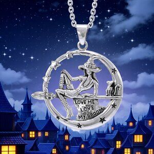 Witch on Broom with Cat Sterling Silver Pendant